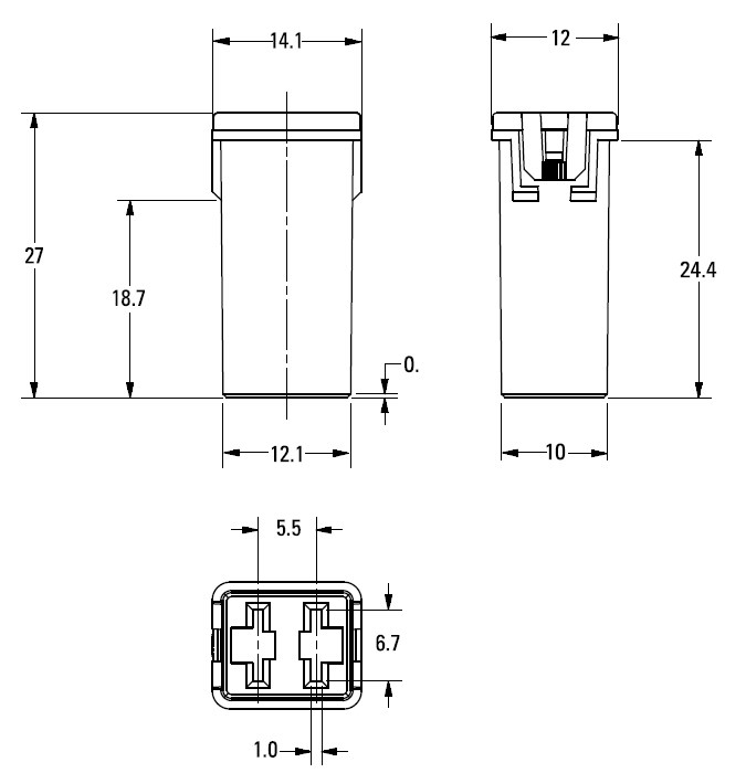 495 Square JCASE Cartridge Car Fuses Dimension(mm)