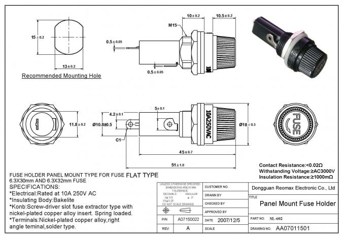 Dimensional drawing of ALCO Flat Type 6X32mm fuse block