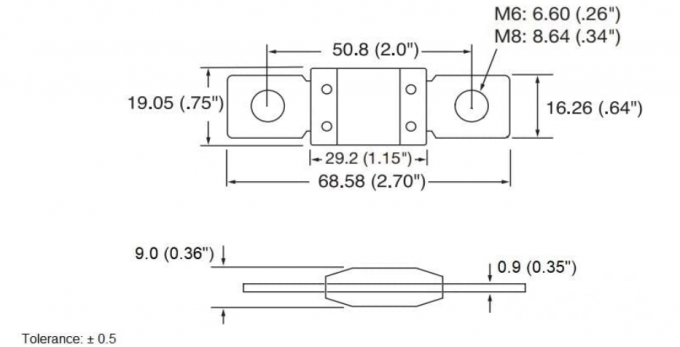 Drawing of 298 SERIES Fuse TIME DELAY BOLT DOWN AUTOMOTIVE MARINE MEGA AMG FUSE