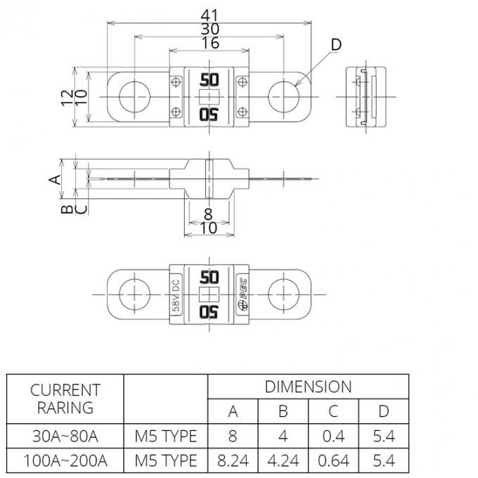 Drawing of Blow 58V Fuse SBFW-L M5 Bolt