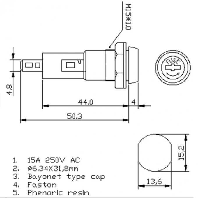 Drawing of H3-44 6x30 6x32 fuse holder