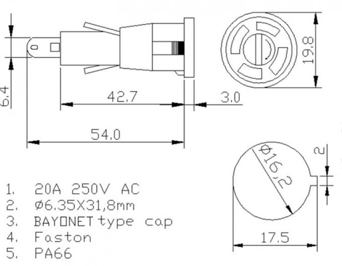 Drawing of H3-55A fuse holder 250V 20A