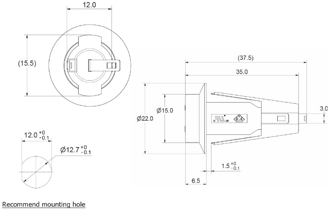 Drawing of PTF-40 In Panel Mount Fuse Holder