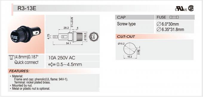 Drawing of R3-13E 6X30MM fuse holder