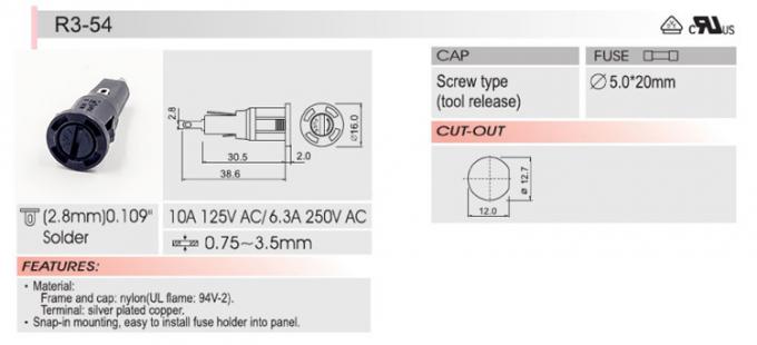 Drawing of R3-54 Snap-in Panel Mount Fuse Holder