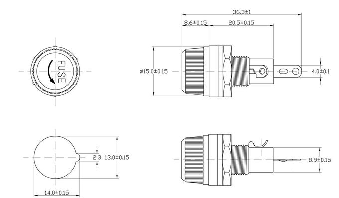 Drawing of SCI R3-12 fuse holder panel mount