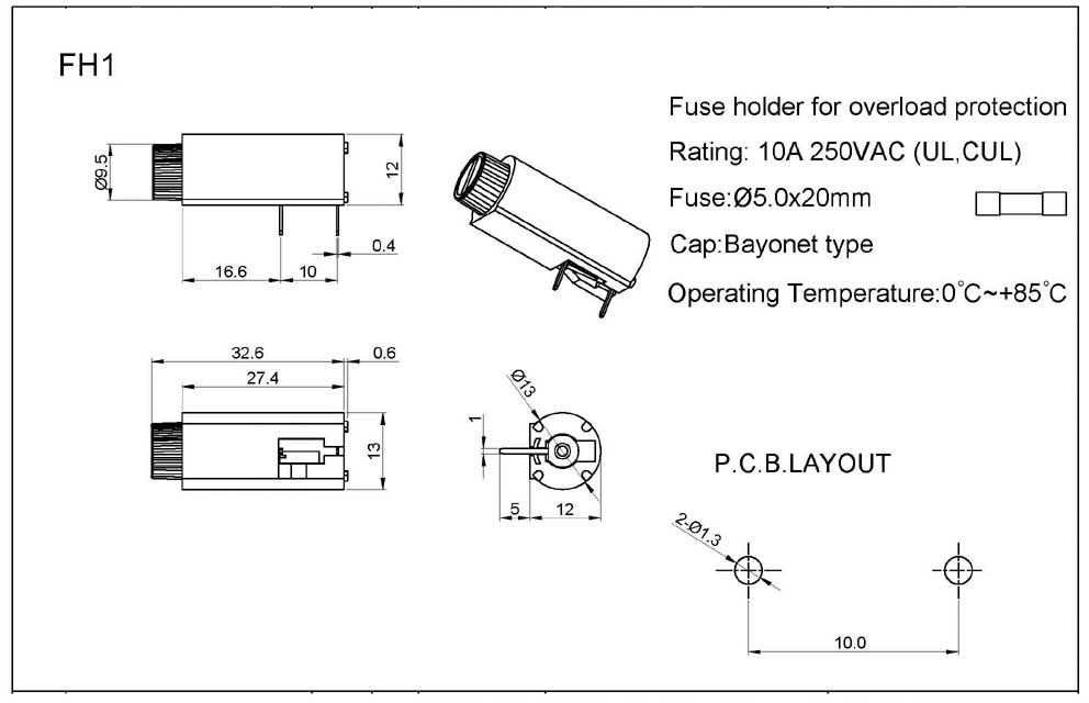 Fuse Holder Right Angle ELCOM PBF2 for 5X20mm fuse