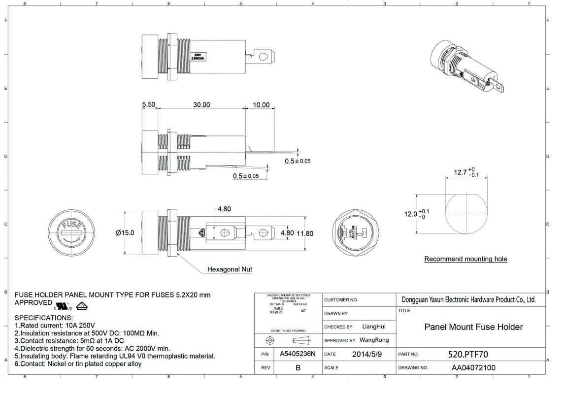 PTF70 5x20mm Panel Mount Fuse Holder Drawing